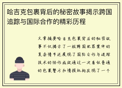 哈吉克包裹背后的秘密故事揭示跨国追踪与国际合作的精彩历程