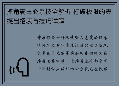 摔角霸王必杀技全解析 打破极限的震撼出招表与技巧详解